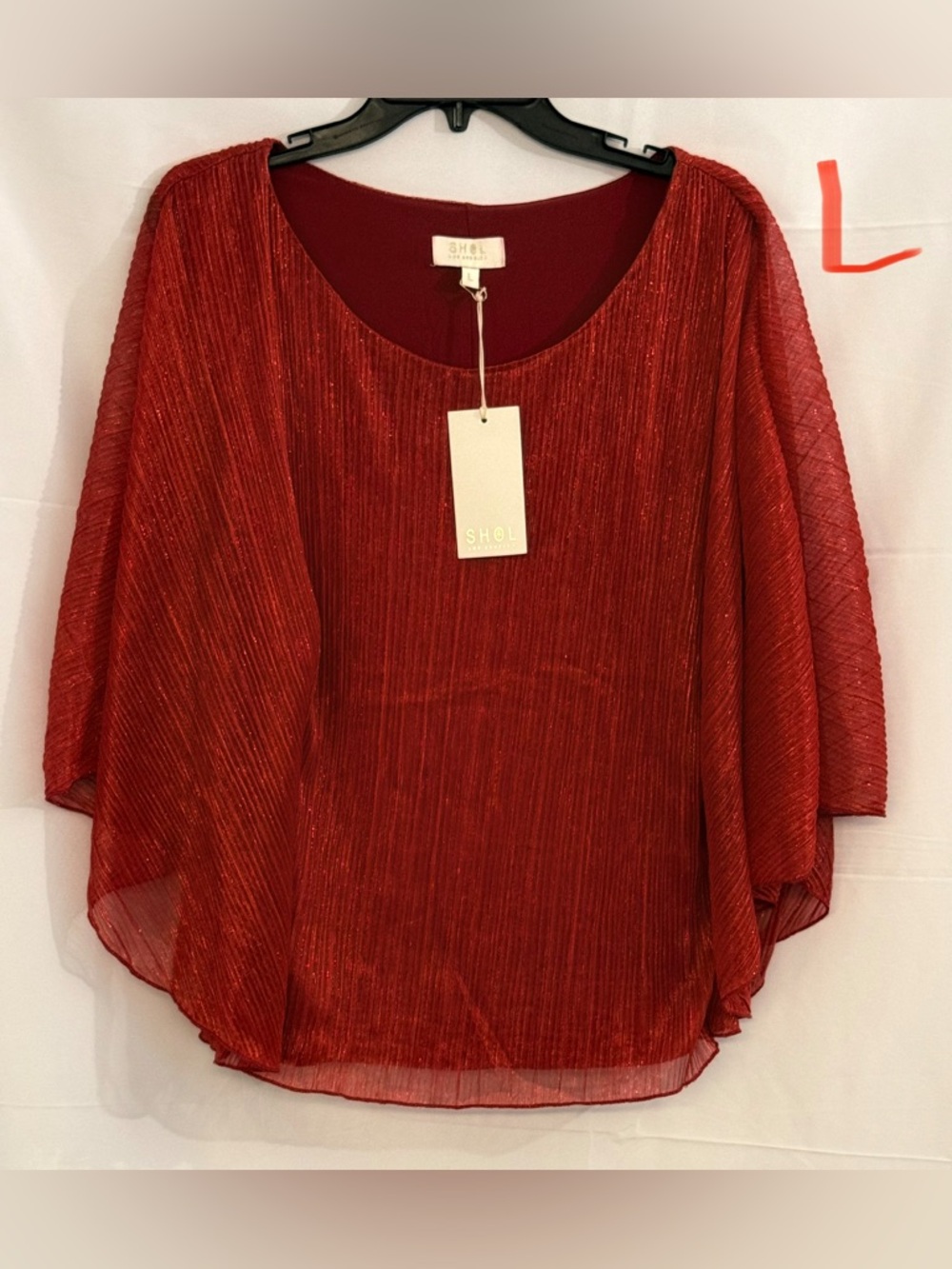 Red Metallic Scoop Neck Pleated Blouse